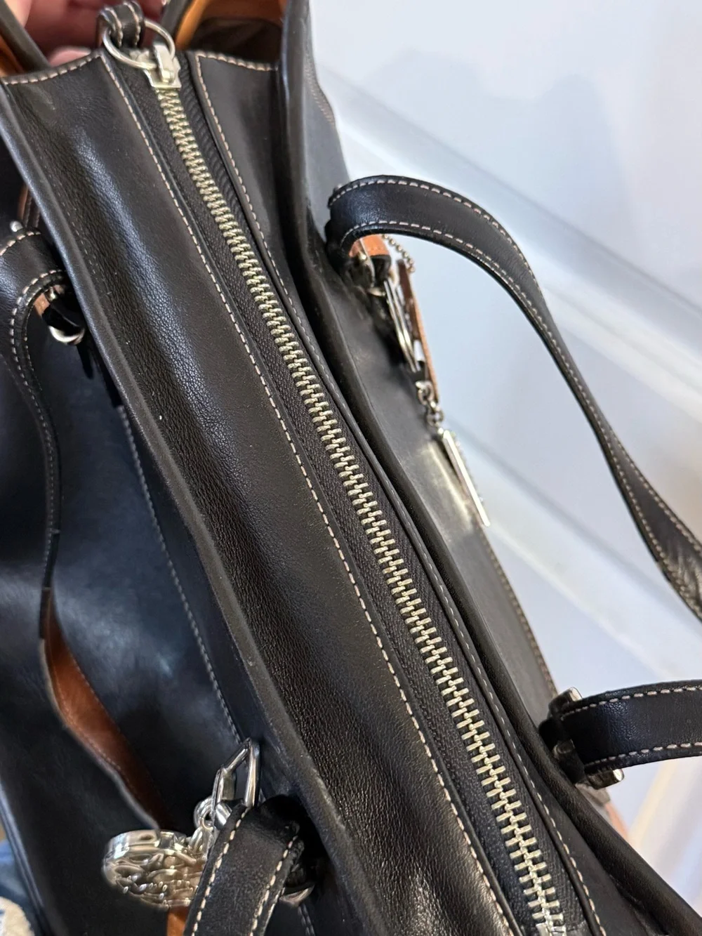 Black and Tan Leather Tote Bag with Contrast Trim